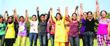 Girls display solidarity in the newly formed womens front at Panjab University. 