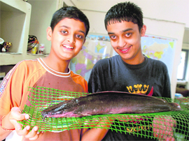 Abhay Vikram (left) and Udit Vinayak with the catfish they found in the rainwater that flooded their house in Panjab University in Chandigarh on Saturday. 