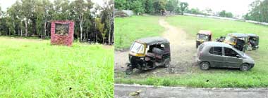Grass surrounds the foundation stone of the international sports stadium that was laid by former Chief Minister ND Tiwari at Parade Ground in Dehradun in 2004; and (right) taxis and autorickshaws parked at the Pavillion Grounds, one of the oldest football ground in Dehradun