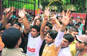 Students of Government Science College protest in support of their demand for the central university in Jammu