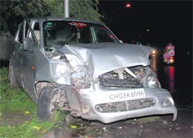 The Hyundai Santro car that rammed into a tree on the road separating Sectors 32 and 33 in Chandigarh