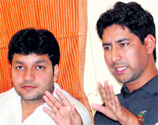 Vinod Sultanpuri (right), secretary, All-India Youth Congress, addresses the media in Amritsar on Sunday. Also seen in the picture is District Youth Congress president Dinesh Bass.