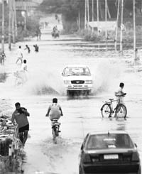 A waterlogged road after heavy rain at Baltana near Chandigarh on Monday