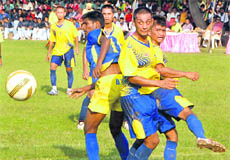 A football match in progress at the Football Stadium in Chandigarh on Tuesday.