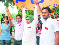 PUSU party candidates at the launch of party manifesto in Panjab University on Tuesday.