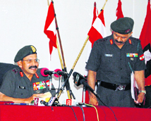 GM Nair, GOC, 9 Core, addressing a press conference at Yol cantonment near Dharamsala on Tuesday.