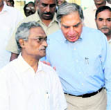 Chairman of the Tata Group, Ratan Tata, and West Bengal Industry Minister Nirupam Sen after a meeting in Kolkata on Tuesday.