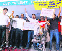 Junior doctors with a donkey protest against medical superintendent RPS Boparai in Amritsar on Tuesday.