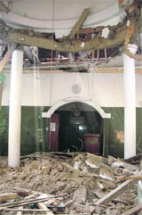A mosque damaged by a powerful earthquake at Cisaat village, West Java, on Wednesday. 