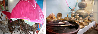 The historic chariot (left) at Gurdwara Rath Sahib in village Bhai Roopa of Bathinda district; historic utensils at the residence of the descendants of Bhai Roop Chand at the village. 
