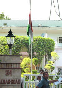 The Congress flag at half-mast after Andhra Pradesh Chief Minister Y.S. Rajasekhar Reddys untimely death, at AICC office in New Delhi on Thursday. 