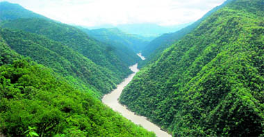 The Ganga flows through lush-green hills in the Beasi-Devprayag region of Uttarakhand.