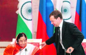 President Pratibha Patil with her Russian counterpart Dmitry Medvedev during a meeting at Kremlin Palace in Moscow
