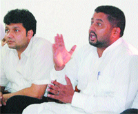 Shailendarjit Singh and Dinesh Bassi, presidents of the rural and urban units of the District Youth Congress Committee, address a press conference in Amritsar on Friday.