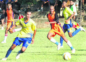Players in action during a game at the Sector 17 Football Stadium in Chandigarh on Friday.