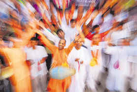 Devotees of ISKCON take out a procession on the World Holy Names Week at Sector 17 in CHandigarh on Friday. Tribune photo: S Chandan