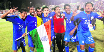 Members of Indian team celebrate victory over Syria in the final match of the Nehru Cup in New Delhi earlier this week