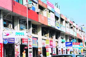 Cluttered signboards at Sector 20 market in Chandigarh