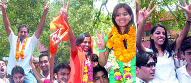L to R: Independent candidate Manoj Choudhary, ABVPs Kirti Wadhera, NSUIs Arshdeep Kaur and ASOIs Anupriya Tyagi celebrate their victories in DUSU elections on Saturday.