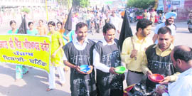 Unemployed BEd teachers beg to register their protest on the Teachers Day in Bathinda on Saturday.
