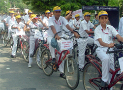 Students of the Delhi Public School, Bathinda, participating in a cycle rally organised in the city on Monday. 
