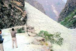 The landslide at Chauntuldhar that has blocked the Tanakpur-Tawaghat national highway in Pitthoragarh district.