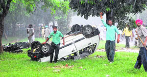 A view of the vehicles damaged by the BKU members during the protest.