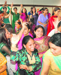 Students of Government Central Crafts Institute for Women enjoy during the freshers’ party at Sector 11 in Chandigarh on Tuesday.