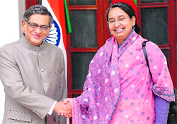 External Affairs Minister SM Krishna with his Bangladesh counterpart Dipu Moniat a meeting at Hyderabad House in New Delhi on Tuesday. 