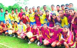 Joint winners of the 7th Administrator Challenge Cup with the trophy at the Football Stadium, Sector 17, in Chandigarh
