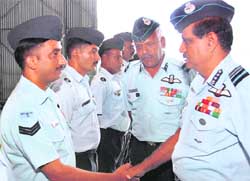 Air Officer Commanding-in-Chief, Western Air Command, Air Marshal NAK Browne (right) interacts with IAF personnel during his visit to 12 Wing in Chandigarh