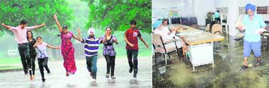 Youngsters enjoy the showers at Leisure Valley in Sector 10; and (right) rainwater enters the General Post Office in Sector 17, Chandigarh