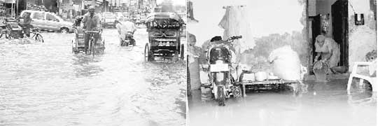 Rickshaw -pullers make their way through a waterlogged road in Patiala; and (right) a woman removes water from her house at Bhankarpur village in Dera Bassi 