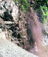 A view of the falling debris and landslides at 