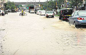 The waterlogged Zirakpur-Patiala highway following rain on Thursday.