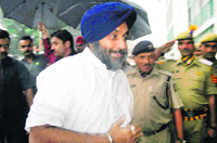 Punjab Deputy Chief Minister Sukhbir Singh Badal reaches at Shimla for Vichar Manch on Thursday.