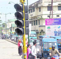 Out of order lights at the busy Darshan Lal Chowk in the heart of the city. Tribune photo: Vinod Pundir