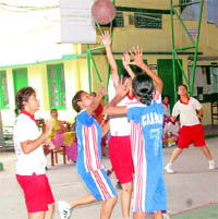 Players slug it out at the Inter-School Girls Basketball Tournament in Dehradun on Friday.