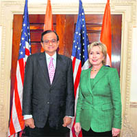 Home Minister, P Chidambaram and US Secretary of State Hillary Clinton during their meeting at the State Department in USA. 