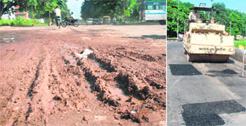 Potholes filled up with mud at the Sector 38 West light point; and (right) patchwork in progress at the Sectors 10-11roundabout in Chandigarh on Saturday.