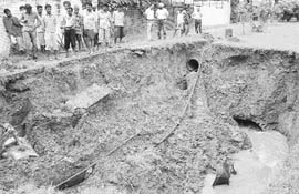 A storm-sewer line caved in at Sector 71, Mohali, on Saturday.