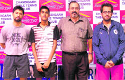 Members of Chandigarh Table Tennis Club pose after winning team championship at Sector 23, Chandigarh, on Saturday.
