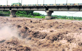 A view of the flooded Ghaggar in Panchkula on Saturday.