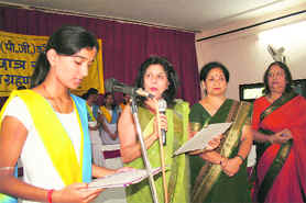 Ina Bahuguna, president, Students Council, MKP Girls College, takes oath in Dehradun on Saturday.