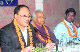 Kushnarayan Shresth, Charge 'd'Affairs of Nepal in India, at the Indo-Nepal poets meeting in Dehradun on Saturday. 