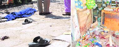 Belongings of the blast victims; and (right) a view of the grocery shop where the blast took place