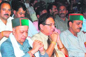 NAP TIME: Virbhadra Singh, Minister of Steel, (extreme left) and Prof RC Sobti, VC, PU (centre) take a nap during a cultural function held at Law Auditorium, organised by the HPSU