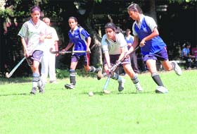 Final match in progress of the Inter District Girls Hockey Championship in Dehradun