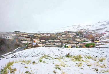 Kibber village in Lahaul-Spiti district wears a white blanket after seasons first snowfall on Saturday.