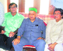 Union Steel Minister Virbhadra Singh talks to mediapersons at Bassa Waziran anear Nurpur on Sunday.